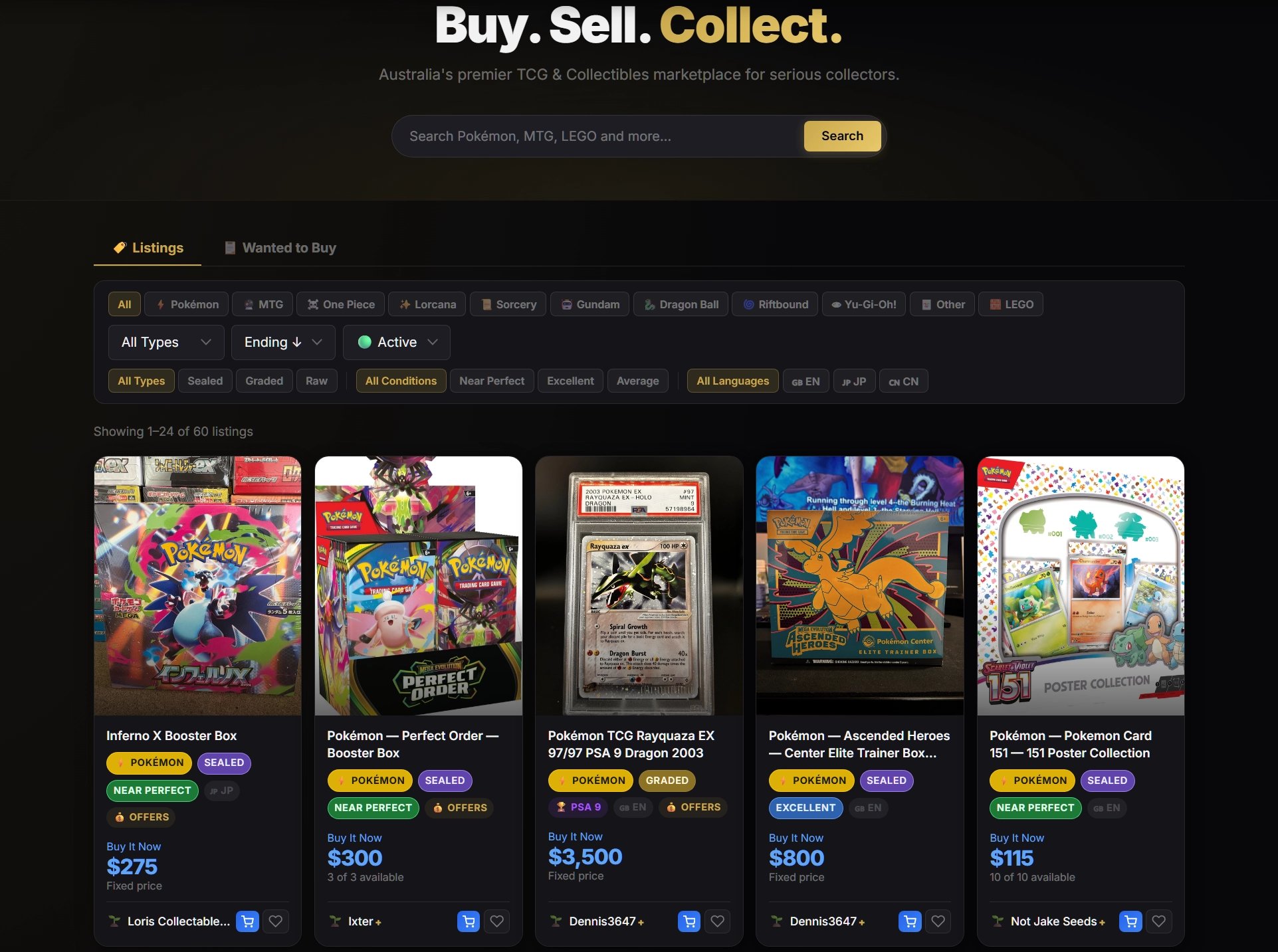 Collector Exchange — Marketplace listings with filters and real-time pricing