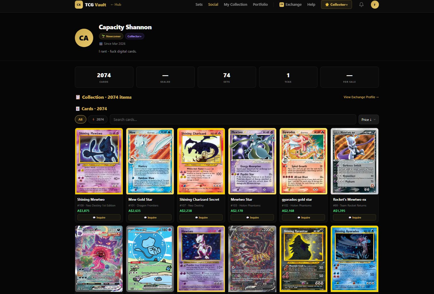 Public collection profile with social selling inquire buttons